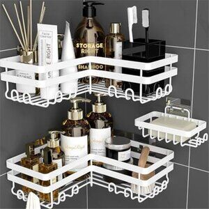 Corner Shower Caddy Adhesive Bathroom Organizer Shelf Hooks No Drilling White
